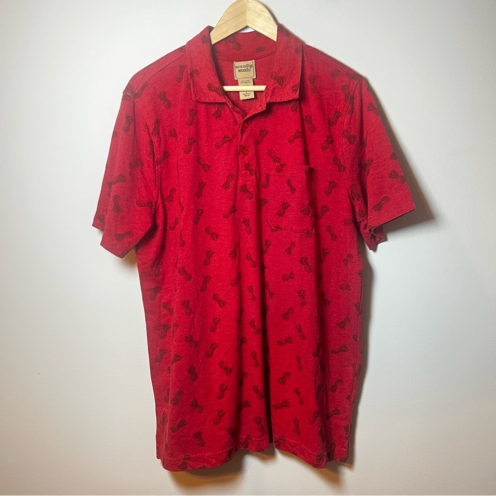 Scandia Woods Pineapple Print Polo Men’s L Red Golf Casual Vacation Shirt *READ
